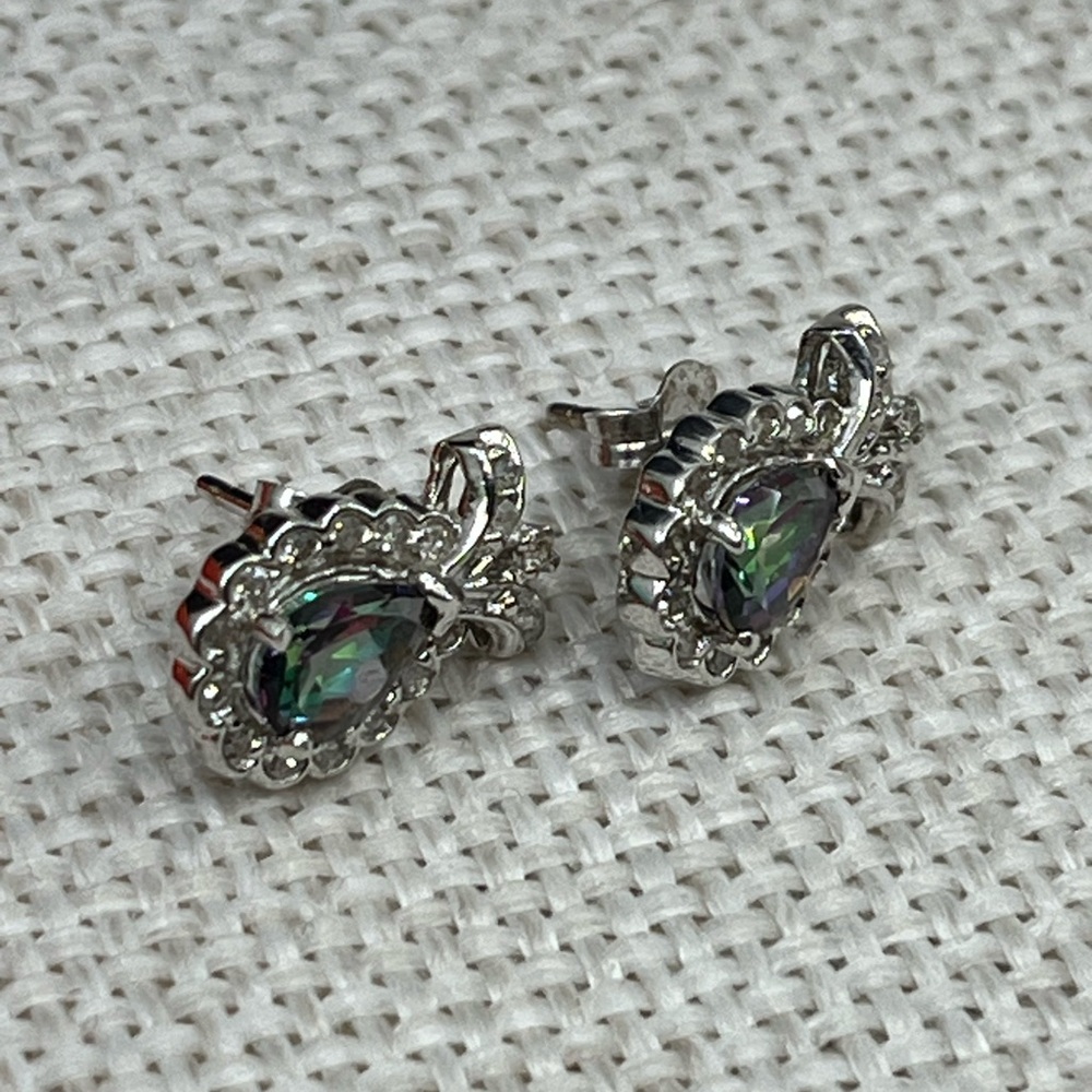 Vintage 10k White Gold Mystic Topaz & Diamond Earrings - Picture 9 of 15